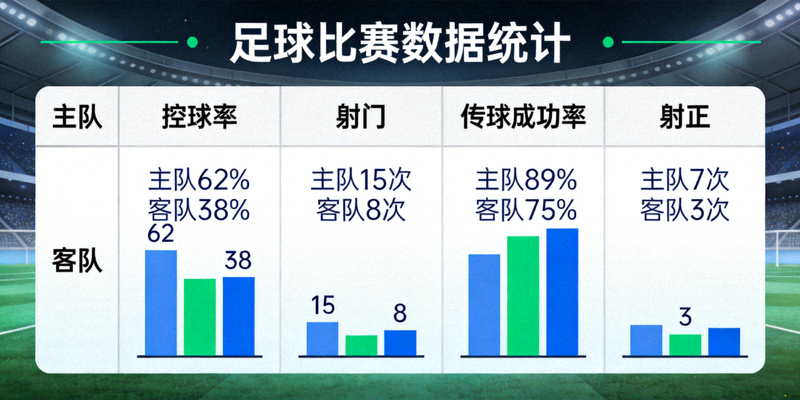 足球比赛数据统计图表 - 显示控球率、射门等关键指标